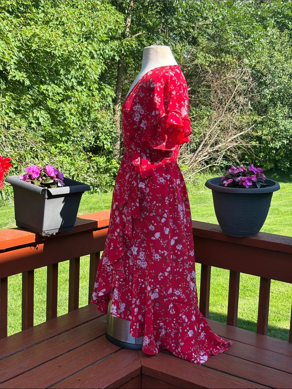NWOT Max Studio Red, Cream, Pink & Brown wrap dress. Absolutely no flaws. - Picture 2 of 10
